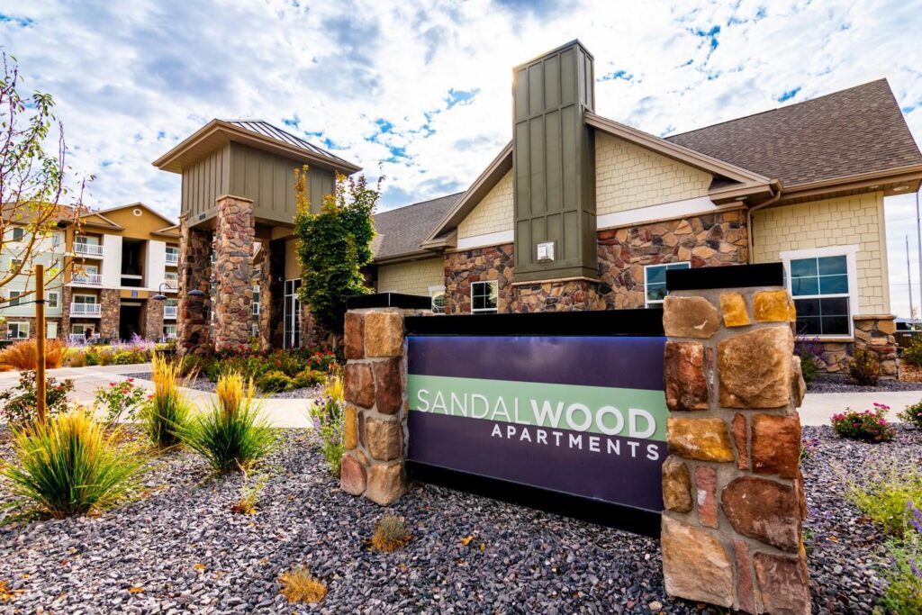 Exterior view of leasing office at Sandalwood Apartments in Salt Lake Valley, Utah