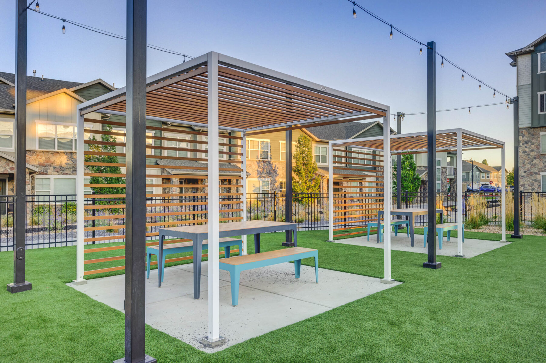 shaded picnic area with string lights