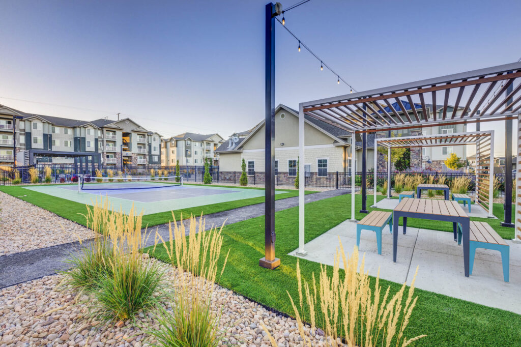 Recreational area with picnic tables at Sandalwood apartments in West Valley