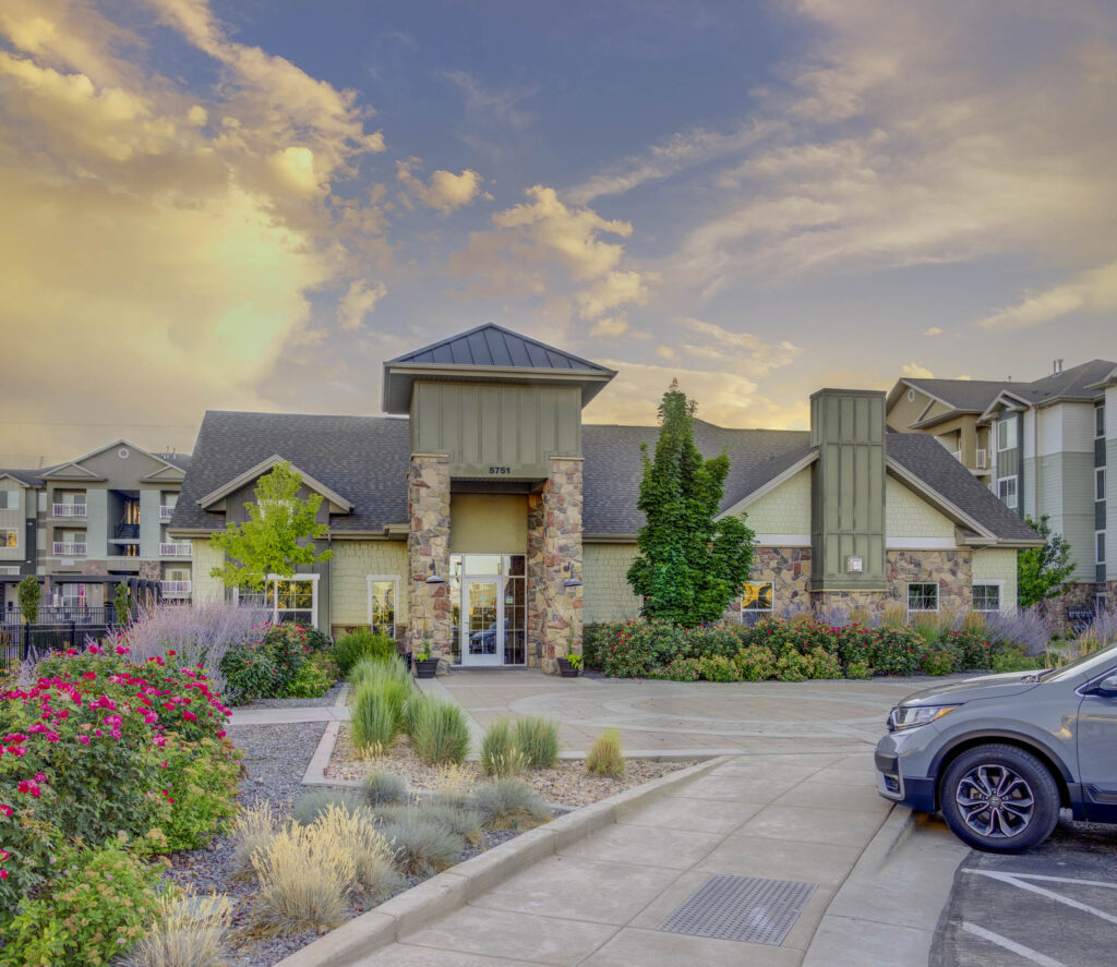 Leasing office exterior with lots of landscaping