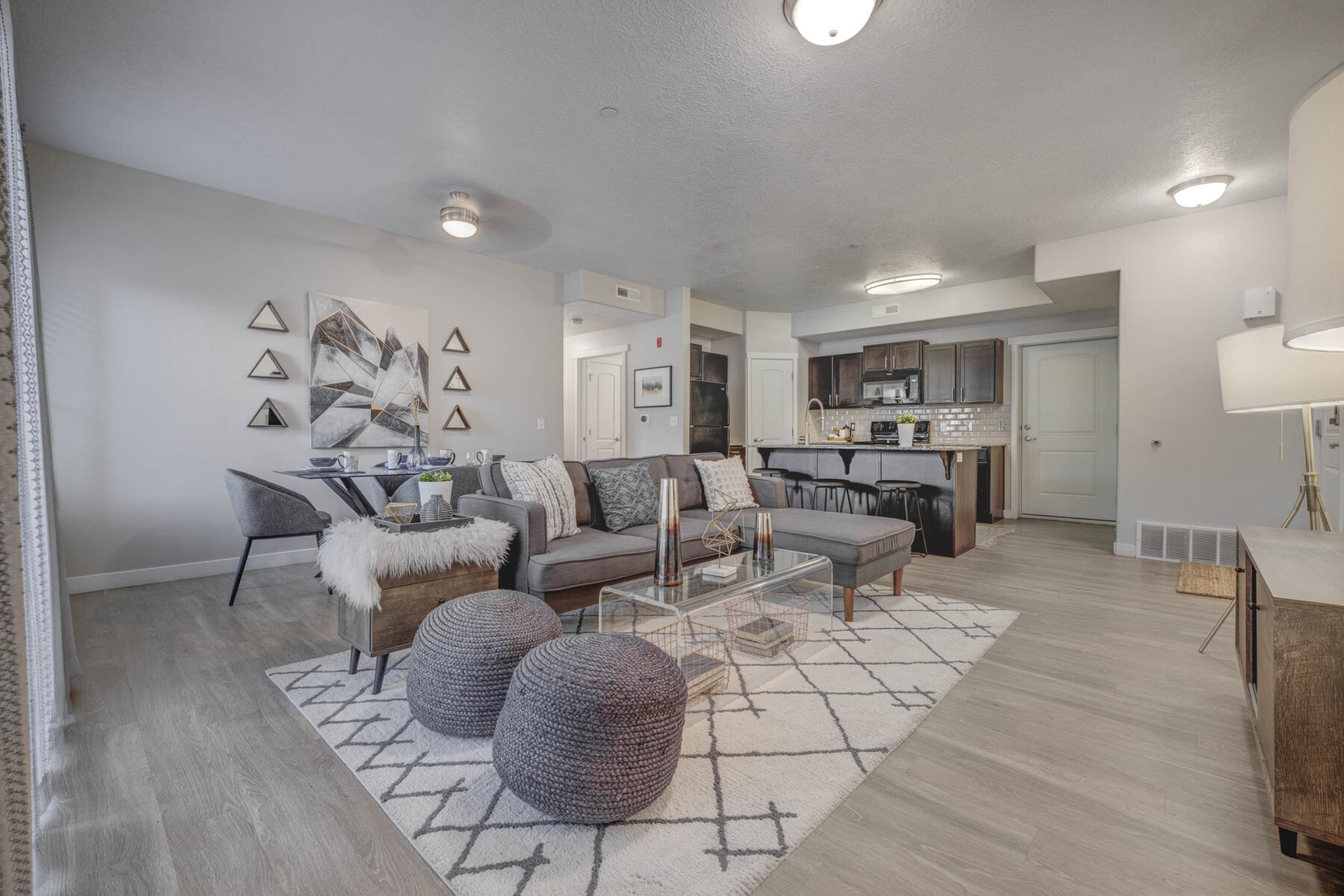 Open living room with view into kitchen and dining