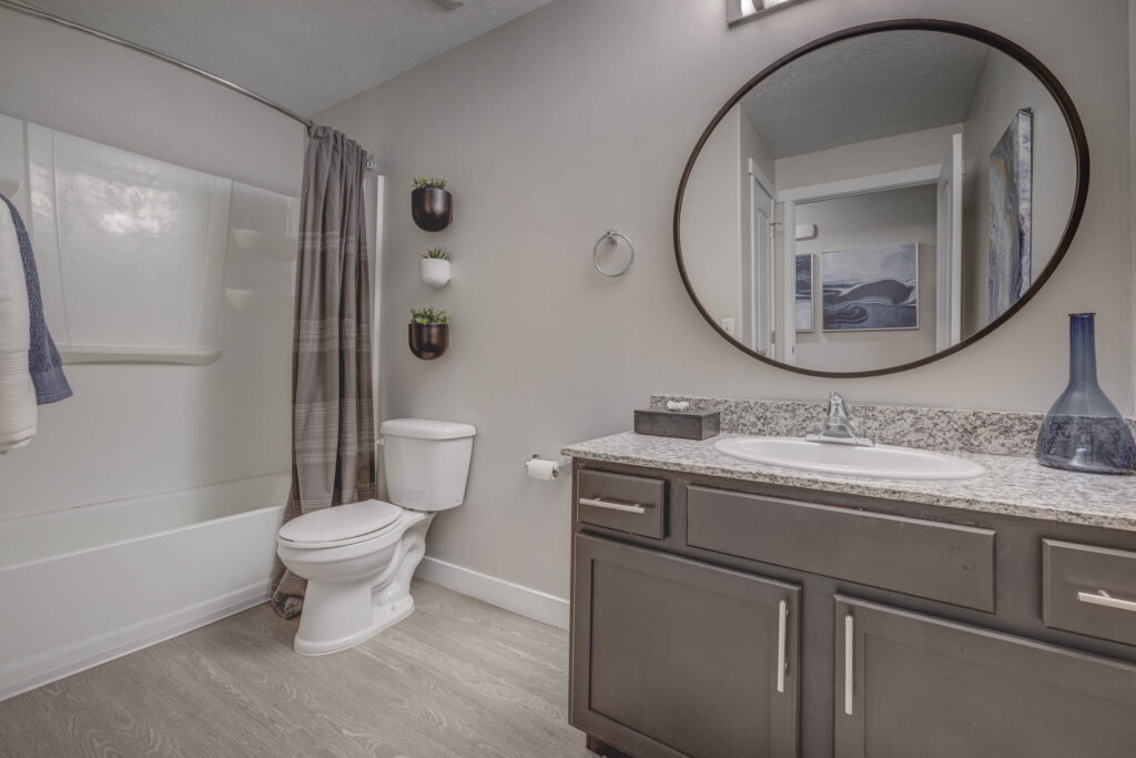 Bathroom with a large mirror and tub shower